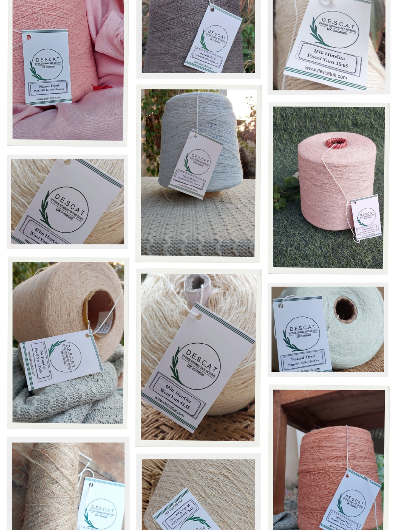 HimGra yarn spools and raw materials on cable-knit fabric