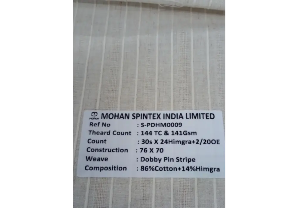 S-PDHM0009: 144 TC & 141Gsm, 30s X 24Himgra+2/20OE, 76 X 70, Dobby Pin Stripe, 86% Cotton+14%Himgra