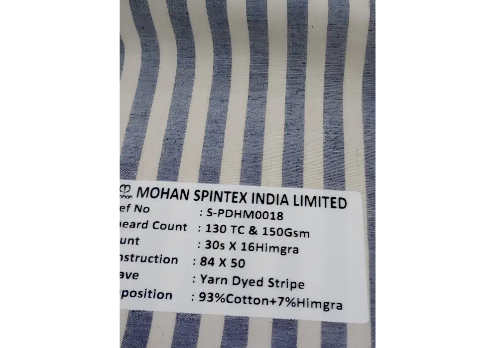 S-PDHM0018: 130 TC & 150Gsm, 30s X 16Himgra, 84 X 50, Yarn Dyed Stripe, 93%Cotton+7%Himgra